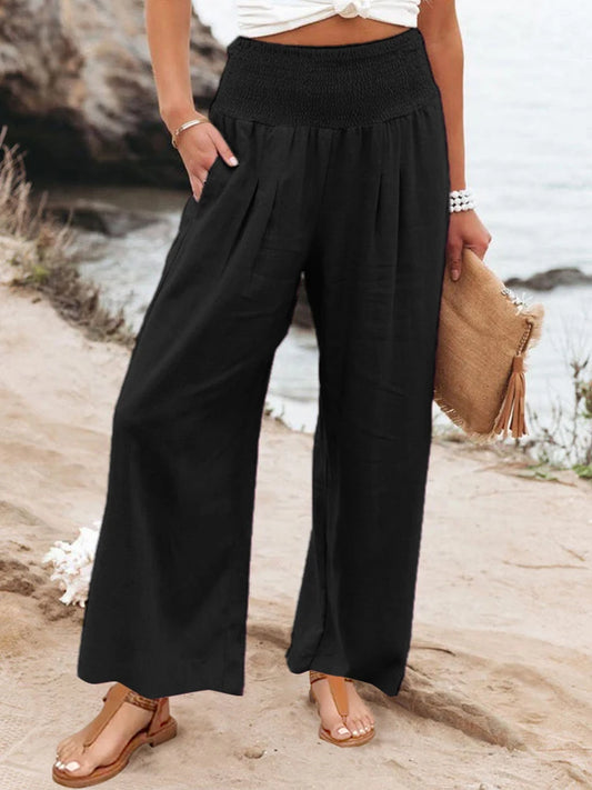 Women Pants Cotton Linen Wide Leg Casual Style Waist Oversized Hemp Comfortable Mid Waist Trousers Elastic Pantalon Beach Pants