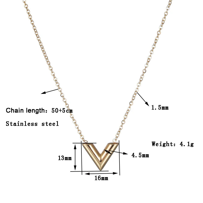 Diamon New Trendy Simple Letter V Necklace Stainless Steel Pendant for Women's Neck Chain Vintage Jewelry Gift Friendship