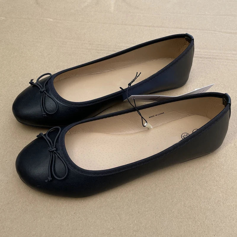 Elegant Bowknot Ballerina Women's Flat Round Toe Comfort Slip-On Ladies Loafers Leather Single Mules Shoes