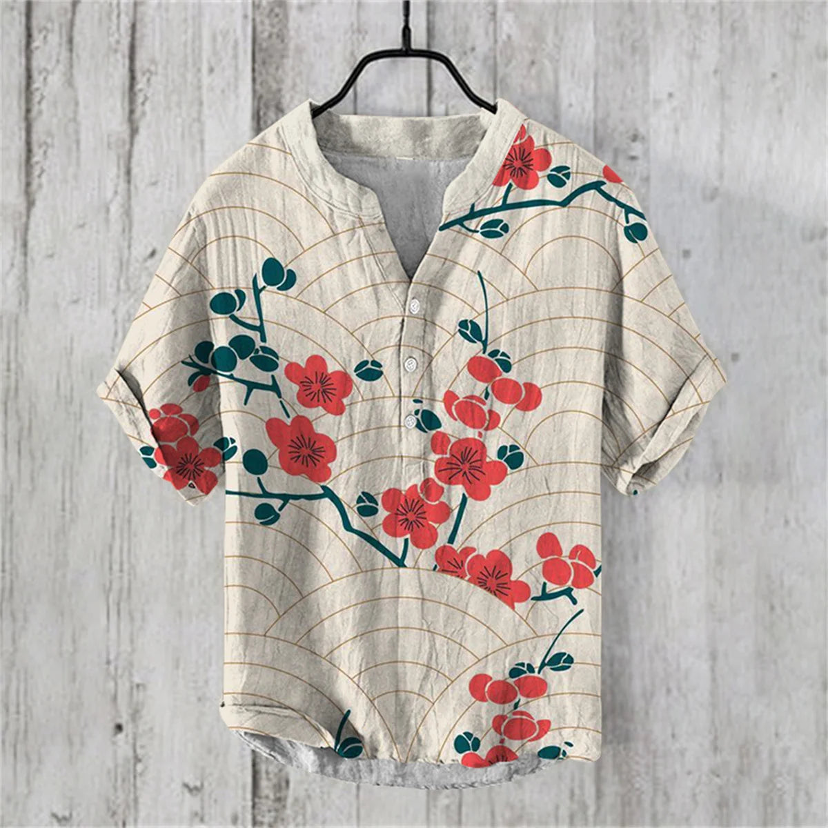 2024 new Chinese style breathable casual Henry men's top V-neck linen men's shirt men's short sleeved Hawaiian style shirt