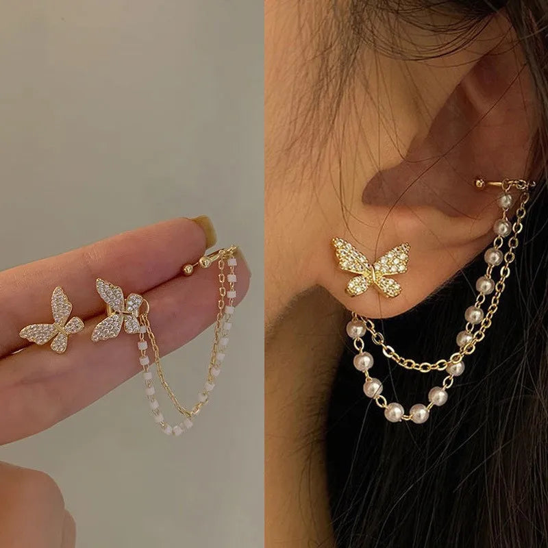 Butterfly Ear Studs Korean Fashion Earrings for Women Earclip Chain Tassel Earrings Women's Jewelry Birthday Party Gift