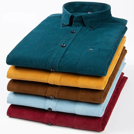 New Pure Cotton Corduroy Men's Shirts Fashionable Business Casual Comfortable Extra Size Solid Color Long-Sleeved Men Clothing