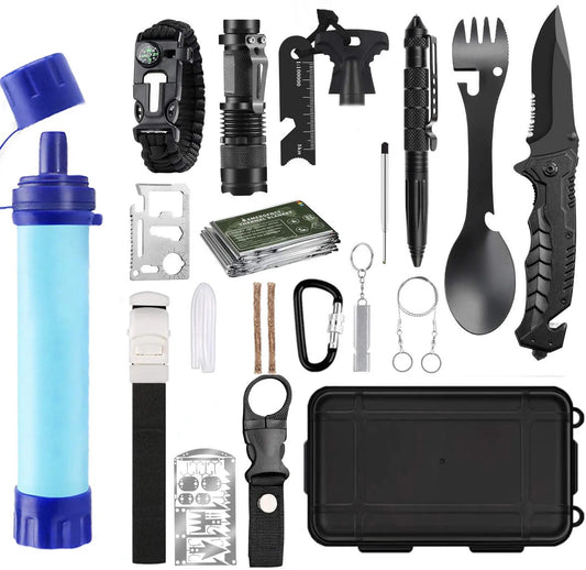 Emergency Survival Kit Military Tactical Gear Outdoor Kits 23 in 1 Cool Gadgets Tools with Water Filter for Camping Hunting Hike