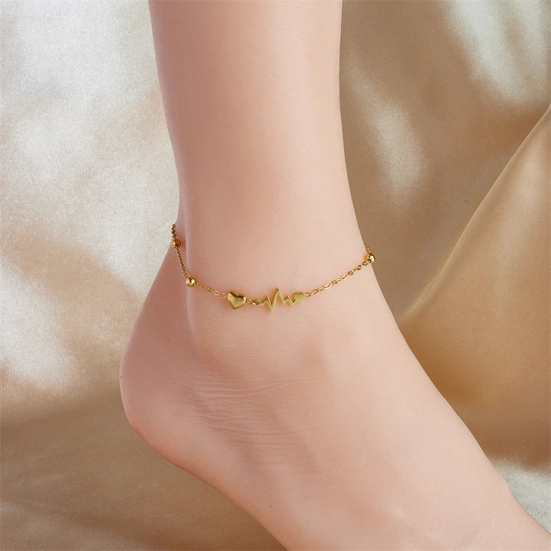 DIEYURO 316L Stainless Steel Heart Electrocardiogram Anklets For Women Girl New Trend Leg Chain Non-fading Jewelry Gift Party