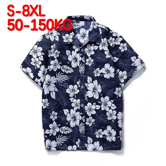 Plus Size 6XL 7XL 8XL Fashion Men's Shirts Men Hawaiian Camicias Casual Polyester Shirts Kapok Printed Short-sleeve Blouses Tops