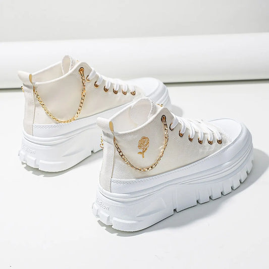 Women Lace-Up Front High Top Flatform Canvas Shoes Fashion Casual Comfortable Height Increasing Sneakers RoseChain Women's Shoes