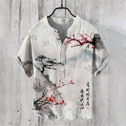 2024 new Chinese style breathable casual Henry men's top V-neck linen men's shirt men's short sleeved Hawaiian style shirt