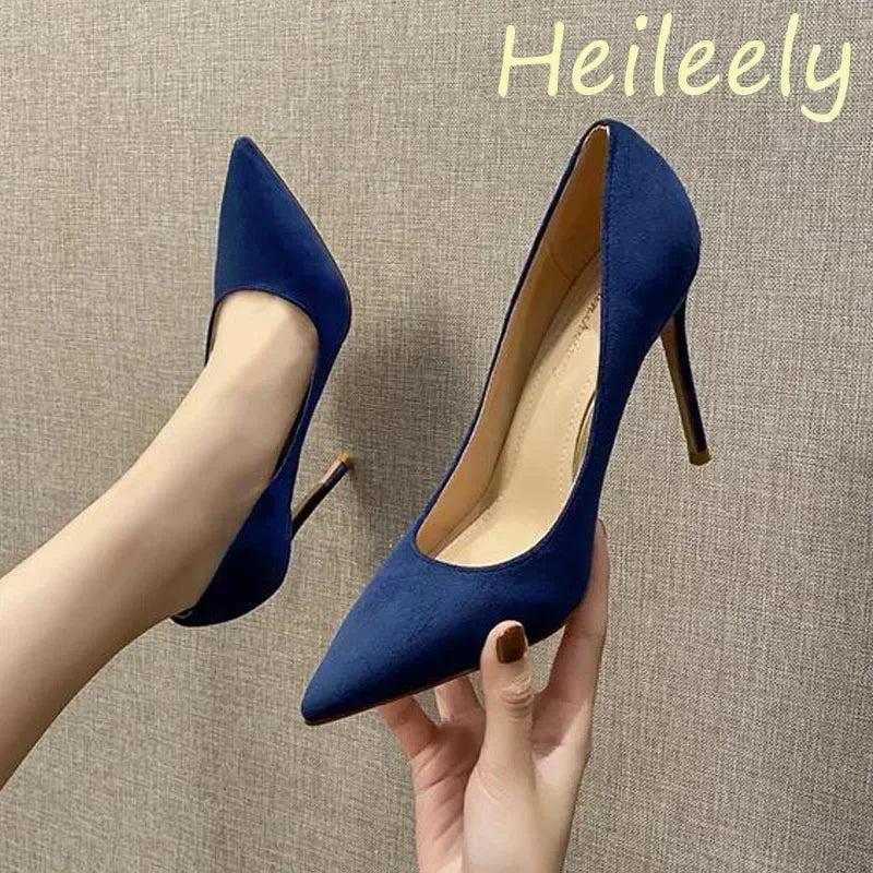 6cm Fashion New Thin High Heel Flock Pointed Toe Pumps Banquet Blue Shoes for Women 39 40 41