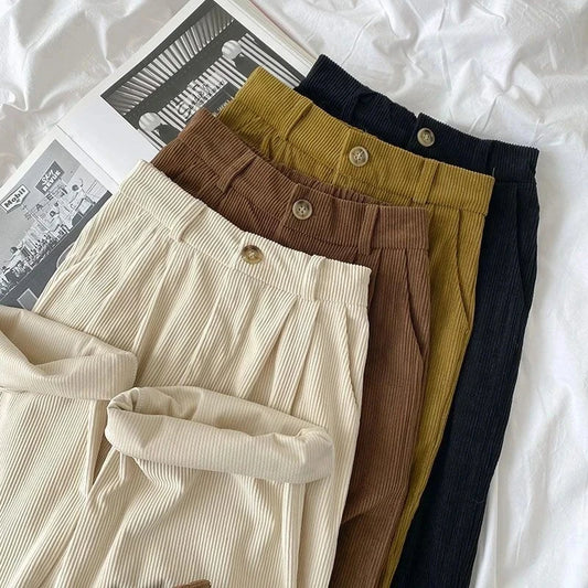 Vintage Corduroy Women Pants High Waist Coffee Wide Leg Pants Fall Casual Korean Office Ladies Trousers New