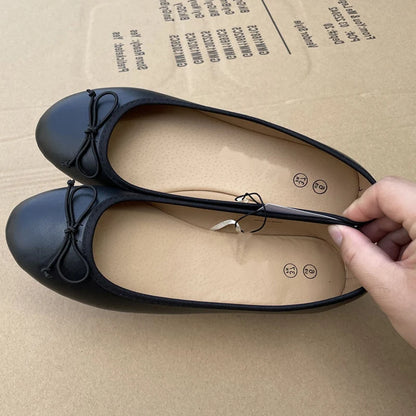 Elegant Bowknot Ballerina Women's Flat Round Toe Comfort Slip-On Ladies Loafers Leather Single Mules Shoes